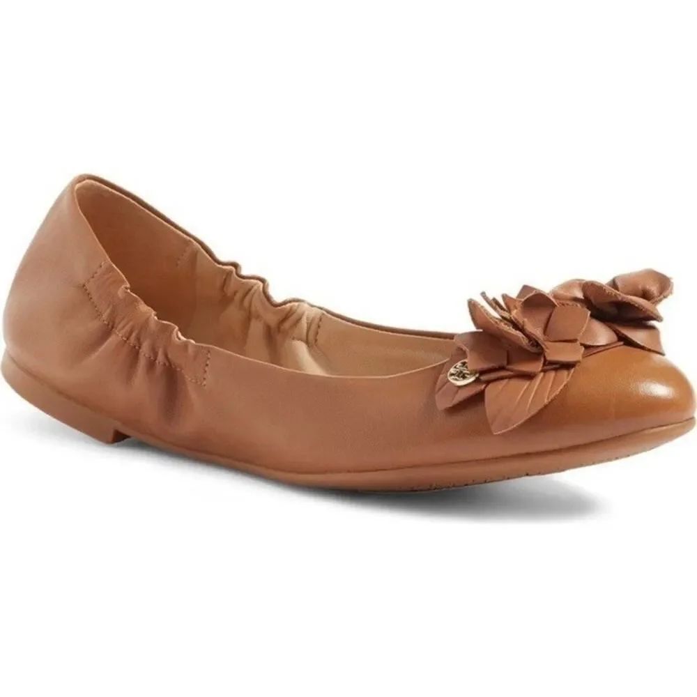 Tory Burch Blossom Floral Ballet Flats Brown Leather Size 9 Gold Logo